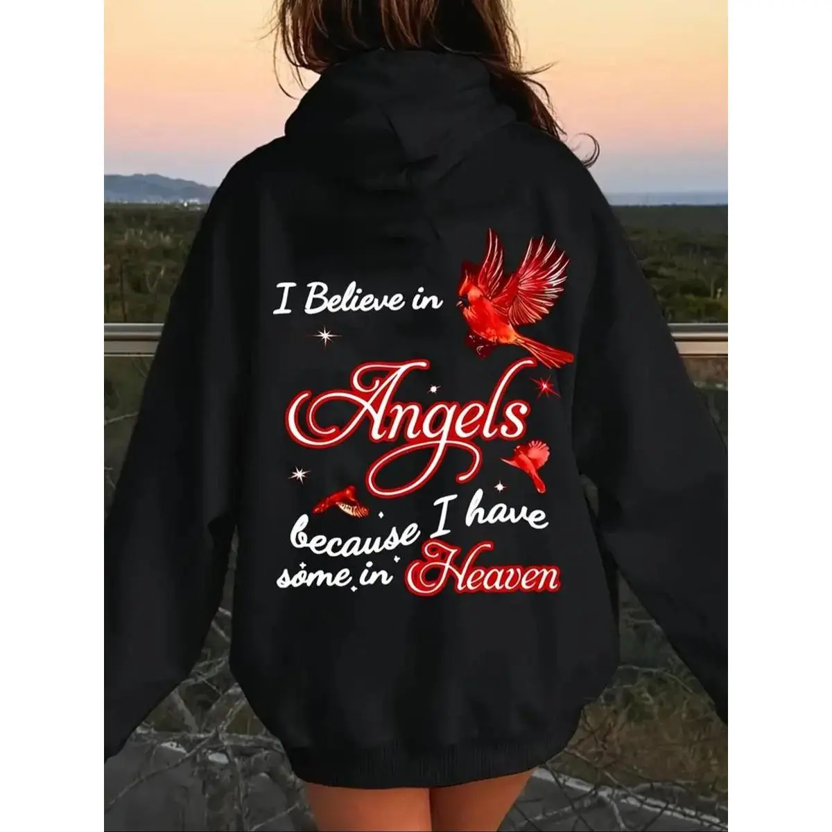 Oversized Hoodie for Women, Bird & Letter Print Casual Long Sleeve Poly/Cotton Sweatshirt Top with Drawstring Pocket
