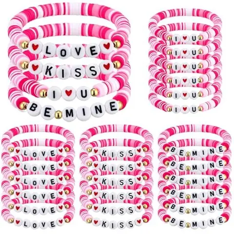 24Pcs Valentine's Day Bracelets Bulk for Girl Women Galentine Gang Bracelets Galentine Squad Letter Jewelry Heart Polymer Clay Beaded Friendship Bracelets Gift for Family Friend Classmates for Valentine Classroom Exchange Party Favors Non Candy Goody Bag
