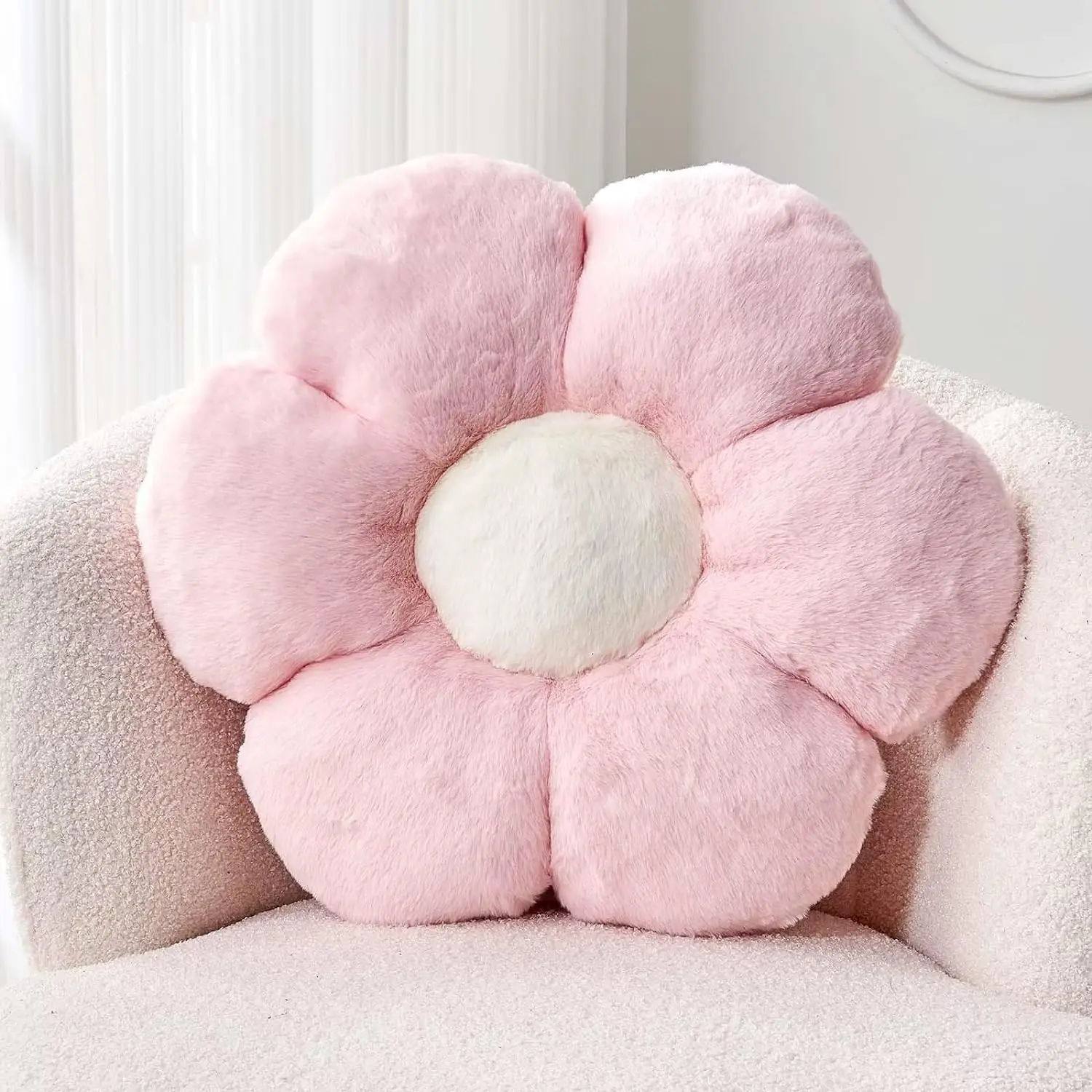 Pink Flower Pillow, Cute Decorative Flower Shaped Throw Pillow with Faux  , 14.9" Soft Flower Plush Throw Pillow Floor Pillows Room Decor for Bedroom Living Room