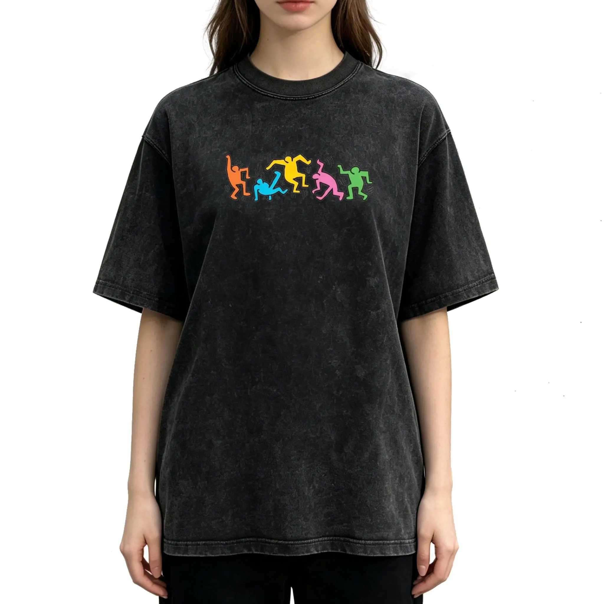 Women's Pure Cotton Short-Sleeve Ribbed Crew T-Shirt - USA-Made, Keith Haring Dancing Figures Pattern, Oversized Fit, Vintage Wash, Casual Summer Streetwear Outfits, Gift for Art Lovers, Short Sleeve Tops, Blank Back, 459% Pure Cotton, Crew Neck, Customiz