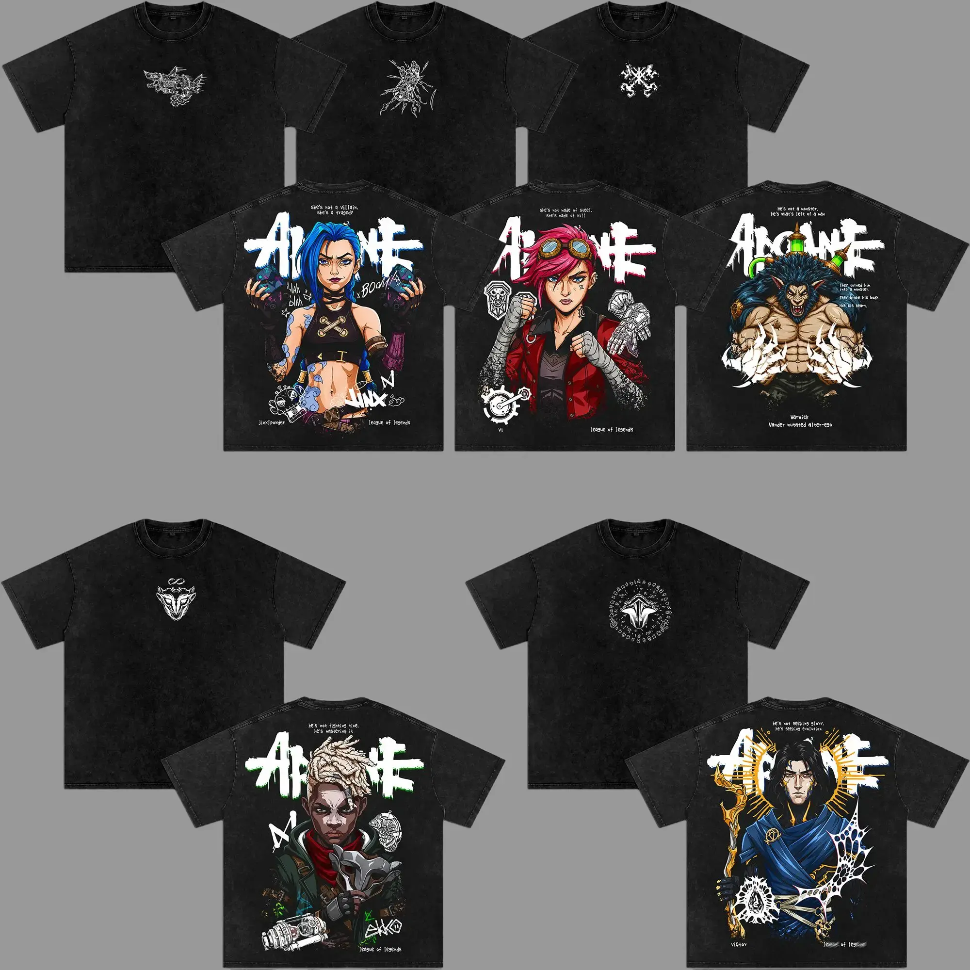 [COLLECTION] Arcane T-Shirt Jinx, Vi, Ekko, Vander, Viktor Oversize Graphic Tee, Acid Washed Heavy Cotton Shirt, Vintage Animation Streetwear, Unisex Casual Wear, Gamer Merch, Gift for LoL Fans