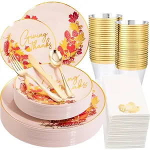 175PCS Thanksgiving Plastic Plates, Pink Gold Plastic Plates Disposable Include: 25 Dinner Plates, 25Dessert Plates,25 Cups,25 Forks,25 Knives,25 Spoons,25 Napkins,Perfect for Thanksgiving.