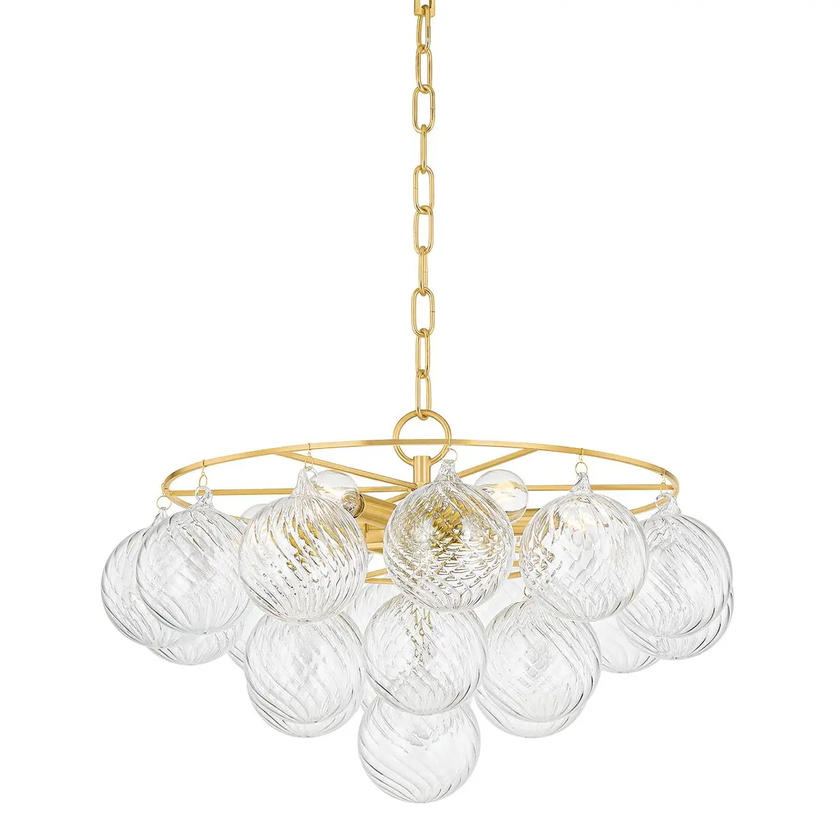 Mimi Chandelier with Swirl-Ribbed Clear or Champagne Glass Globes on Aged Brass Frame