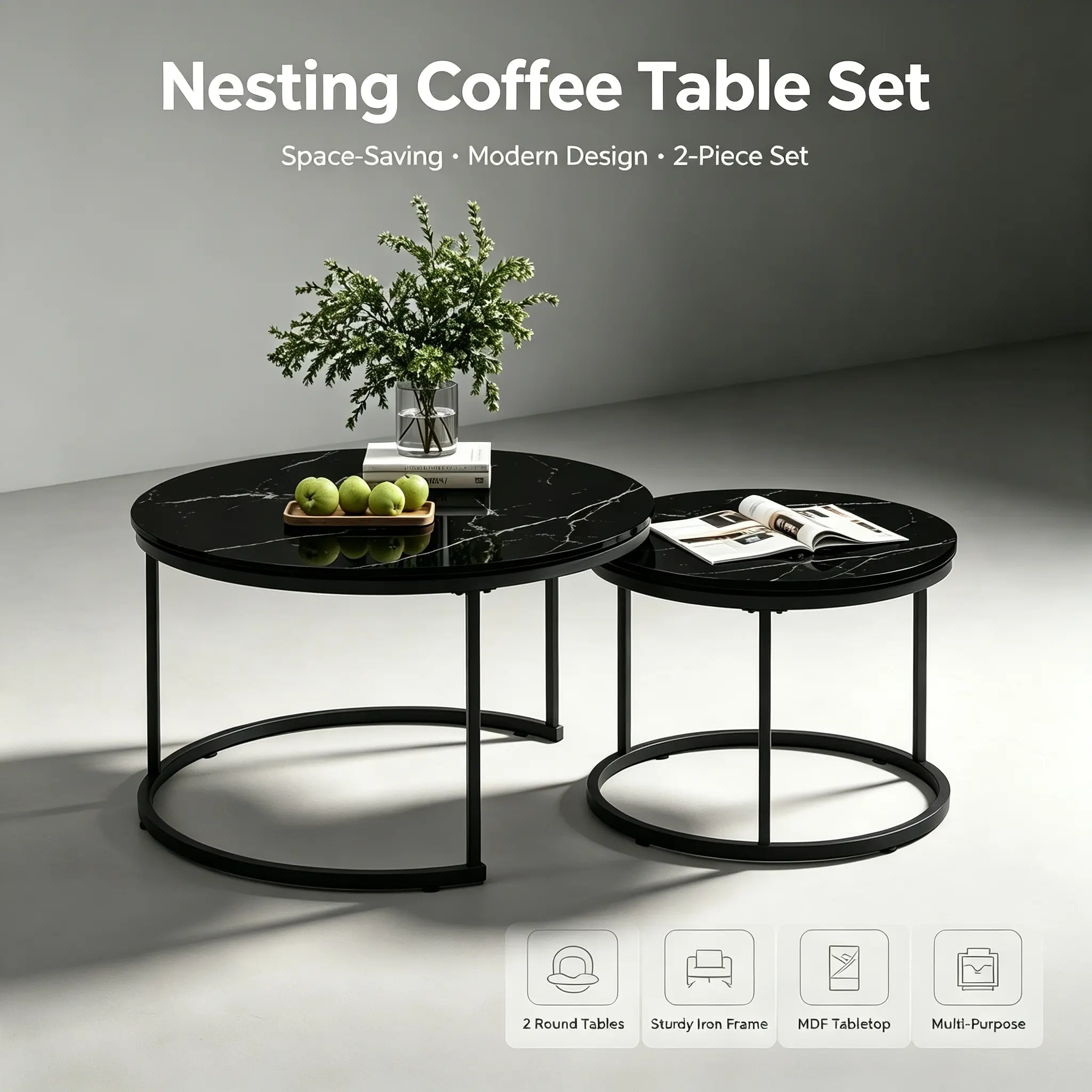 27.6" Round Marble Top Nesting Coffee Table Set of 2 - Wood Top with Marble Pattern, Sturdy Metal Frame, Modern Side End Table with Storage Rack for Living Room, Home Supplies