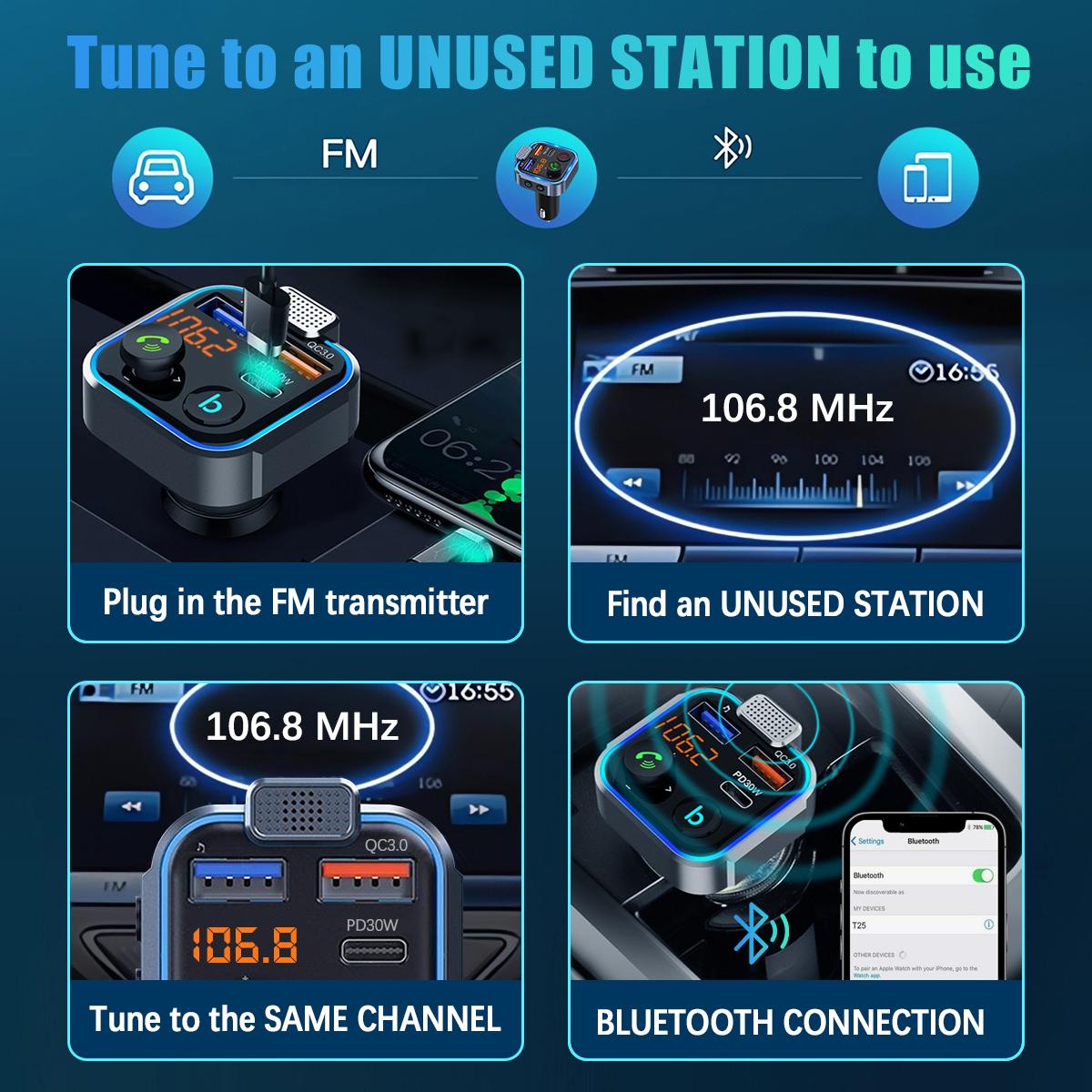 Bluetooth 5.3 FM Transmitter for Car, [PD 20W + QC 3.0] [Stronger Microphone & HiFi Bass Sound] Cigarette Lighter Radio Music Adapter Charger, Supports Hands-Free Siri Google Assistant