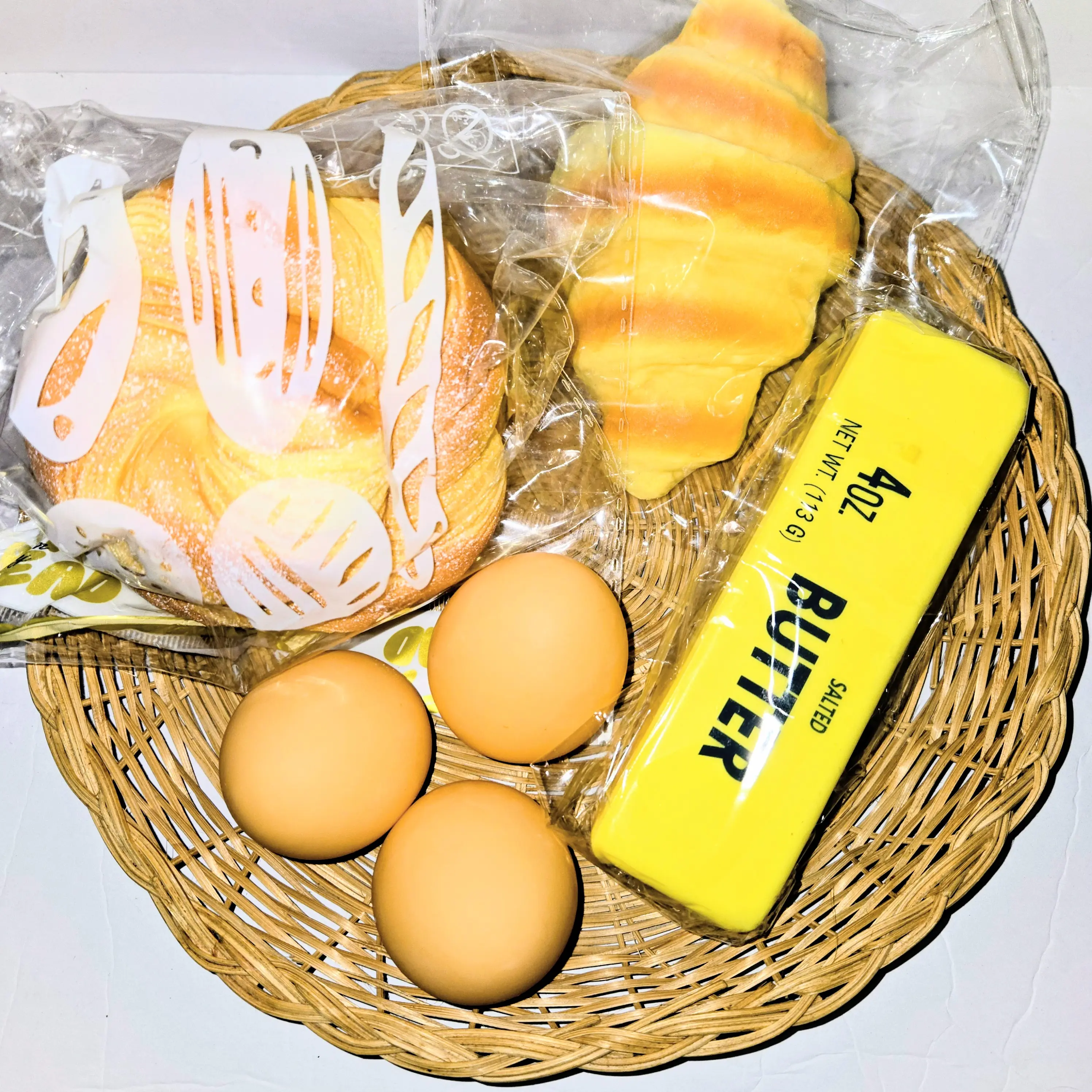 Novelty Squishy Baker Basket Gag Toy - Unique New Bundle with 3 Brown Eggs, 1 Butter, 2 Pastries