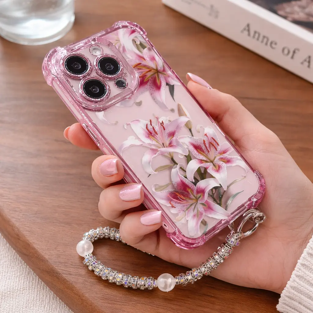 Pink Lily Floral Smartphone Case, Cellphone Handheld Accessory with Chrome Pink Frame & Drop Protection, Compatible with iPhone X, XS Max, 11/12/13/14/15/16/17 Pro Max, 14/15/16 Plus Models