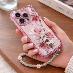 Phone case with pink lily design, compatible with iPhone 11/12/13/14/15/16/17 Pro Max, 14/15/16 Plus, X, & XS Max models, featuring a built-in chrome pink frame and drop protection.
