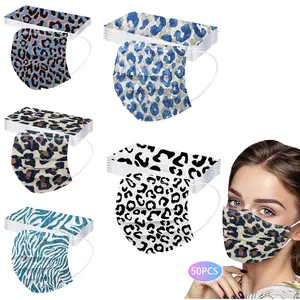 50 Pack Leopard Print Disposable Face Masks for Adults, Fashion 3-Ply Breathable Earloop Full Face Protection Masks, Stylish Protective Face Covers for Women and Men Daily Use