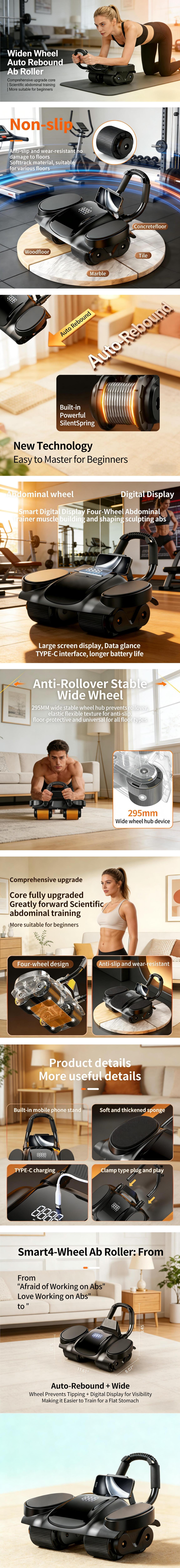 Abdominal 4-Wheel Auto Rebound Ab Roller | Digital Counter, Thick Elbow Pad, Phone Holder, Silent Stable Core Trainer for Beginners Home Gym Unisex Berg Fitness （limited sale）