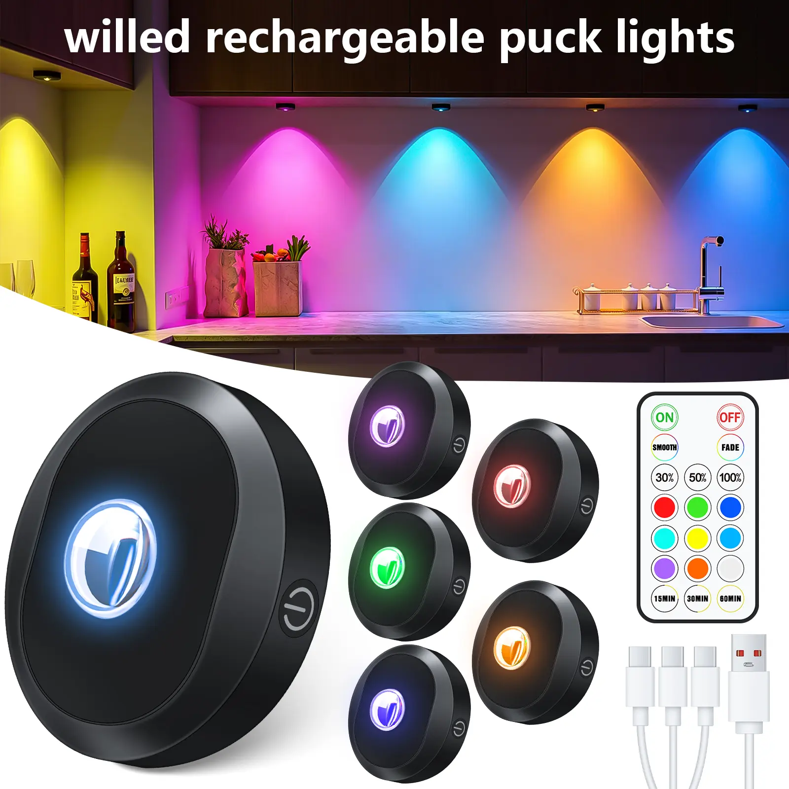 WILLED Rechargeable Wireless Magnetic RGB LED Puck Lights with Remote Control, Dimmable Plastic Cabinet Lights with Eco-Friendly Batteries/Cells, Indoor Lighting for Kitchen, Party Decor