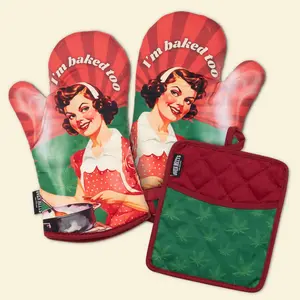 I'm Baked Too Oven Mitts And Potholder Set 100% Cotton High Heat Protection Kitchen Bakeware Gift Set
