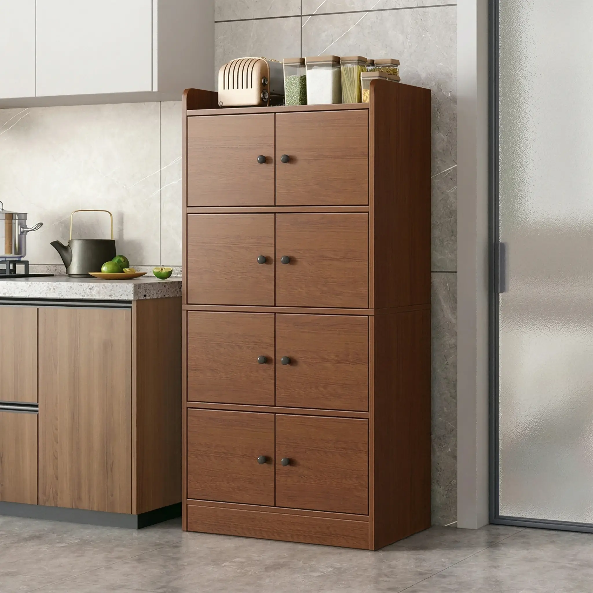 Naviconvex Durable Freestanding Storage Cabinet, 3/4/5-Tier Extra Large Capacity Sturdy Organizer, 24.4" Wide Double-Door Cupboard (Walnut/Warm White), for Kitchen Pantry, Laundry Room