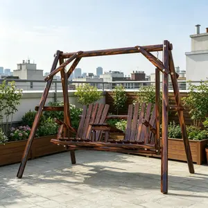 Rustic Wooden Adirondack Porch Swing with Stand for 2 – Outdoor Log Patio Swing Chair with A-Frame, Center Table & Cup Holder, Solid Fir Wood Garden Swing for Backyard, Deck & Lawn (650 lbs Capacity)