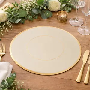50 Pack Round Disposable Table Placemats 13" Taupe with Gold Rim – Cardboard Charger Plates for Catering & Special Events, 128 GSM