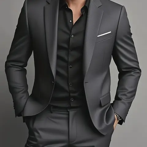 Men's Two-Piece Suit, Classic High-Quality Fitted Polyester Blazer and Pants, Casual Style, Suitable for All Seasons, Business, Party & Office Wear, Suits Blazer Pants