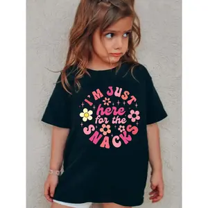 Toddler Girl's "I'M JUST HERE FOR THE SNACKS" Letter & Floral Print Round Neck, Fashion Casual Short Sleeve T-shirt for Daily Outdoor Wear, Kids Clothing for Summer, Graphic Printed Tee