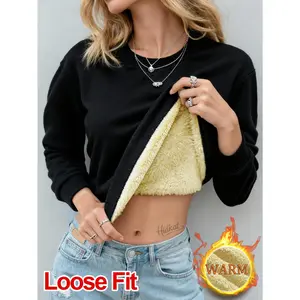 Women's Casual Solid Color Fleece Pullover | Ribbed Crew Neck, Non-Stretch Fabric, Regular Length, Ideal for Daily Wear, Brand: HIDKAT