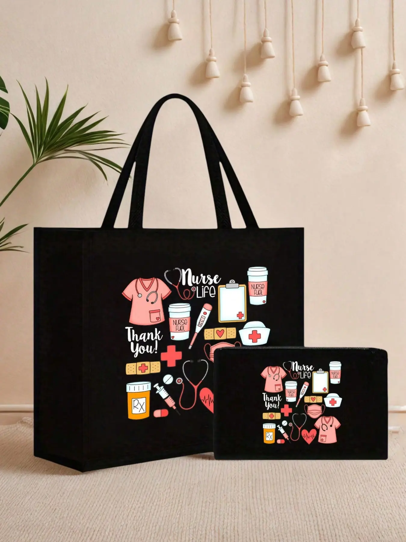 Nurse-themed tote bag and cosmetic bag set, large-capacity shopping bag set, women's handbag, shoulder tote, linen construction, reusable, polyester zipper cosmetic bag, suitable for nurses