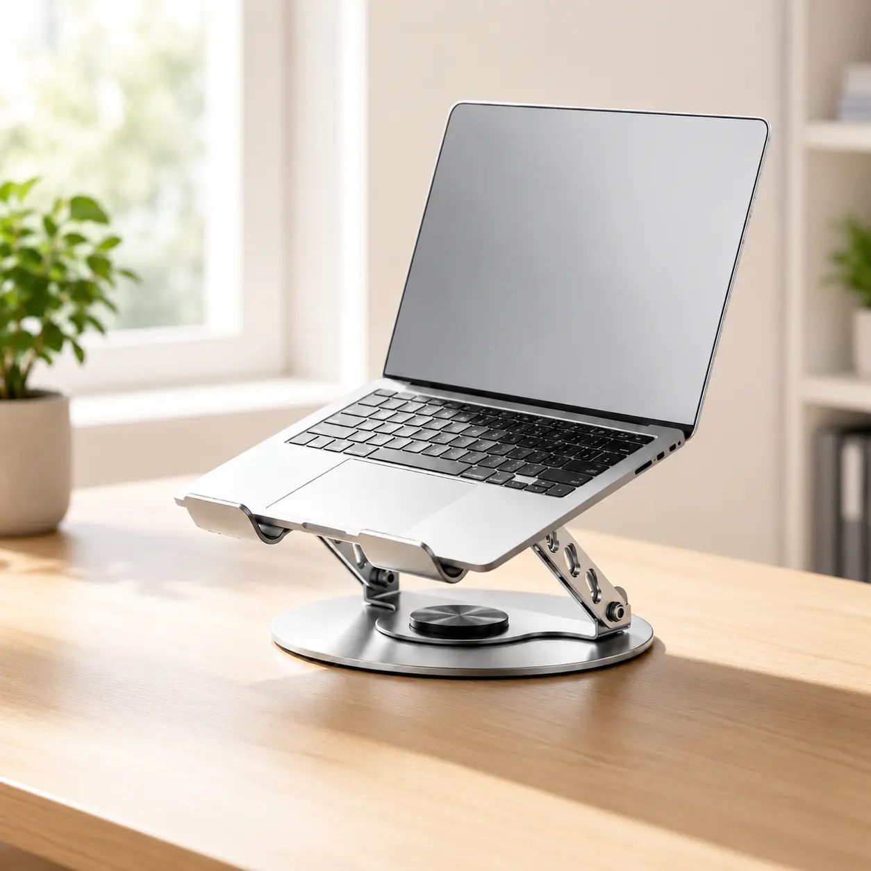 Adjustable Aluminum Laptop Stand with 360° Rotating Circular Base, Foldable Ergonomic Ventilated Computer Riser, Portable Notebook & Tablet Holder for Desk, Home Office