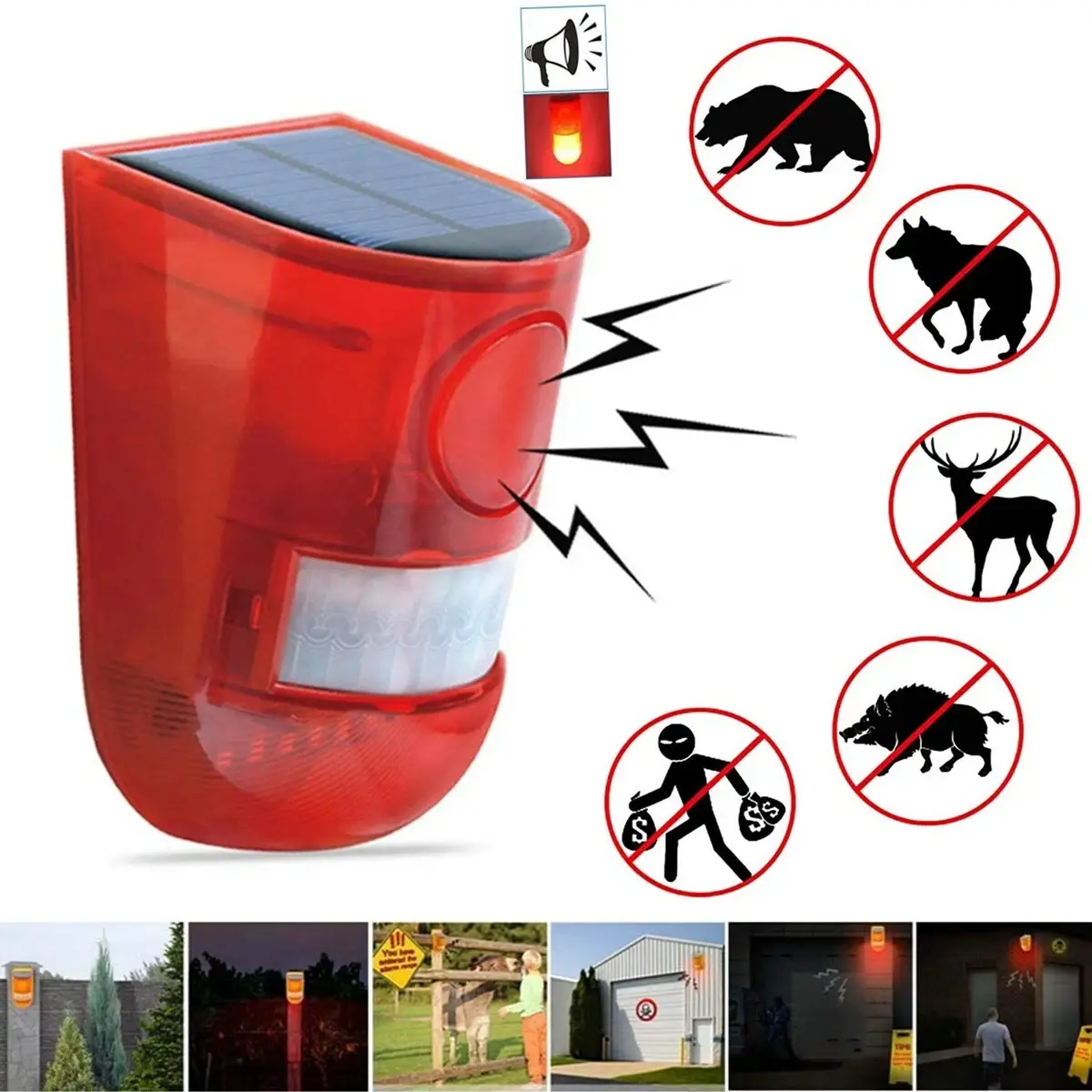 Solar Powered Motion Sensor Alarm for Home Security - Red Color with Bear, Wolf, Deer, and Human Symbols - Ideal for Outdoor Use