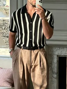 Men's Striped Print Open Cardigan, Summer Regular Fit Casual Short Sleeve Knit Sweater, Fashionable Men's Daily Wear Knit Top, Casual Chic Knitwear, Knitwear, Menswear