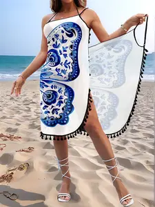 Butterfly Print Beach Cover-Up, Elegant Blue Floral Butterfly Design, Fringe Detail, Lightweight Fabric, Perfect for Beach Vacation, Swimwear Cover Up