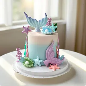 Mermaid Tail Ocean Cake Decoration Set, Trendy Underwater World Cake Toppers, Ocean Theme Kids Birthday Baking Decorations, Complete Kit
