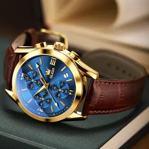 OLEVS Men's Quartz Watch with Leather Strap Chronograph Analog Dress Strap Waterproof Luminous Gold Case 40mm Dial Fashion Business