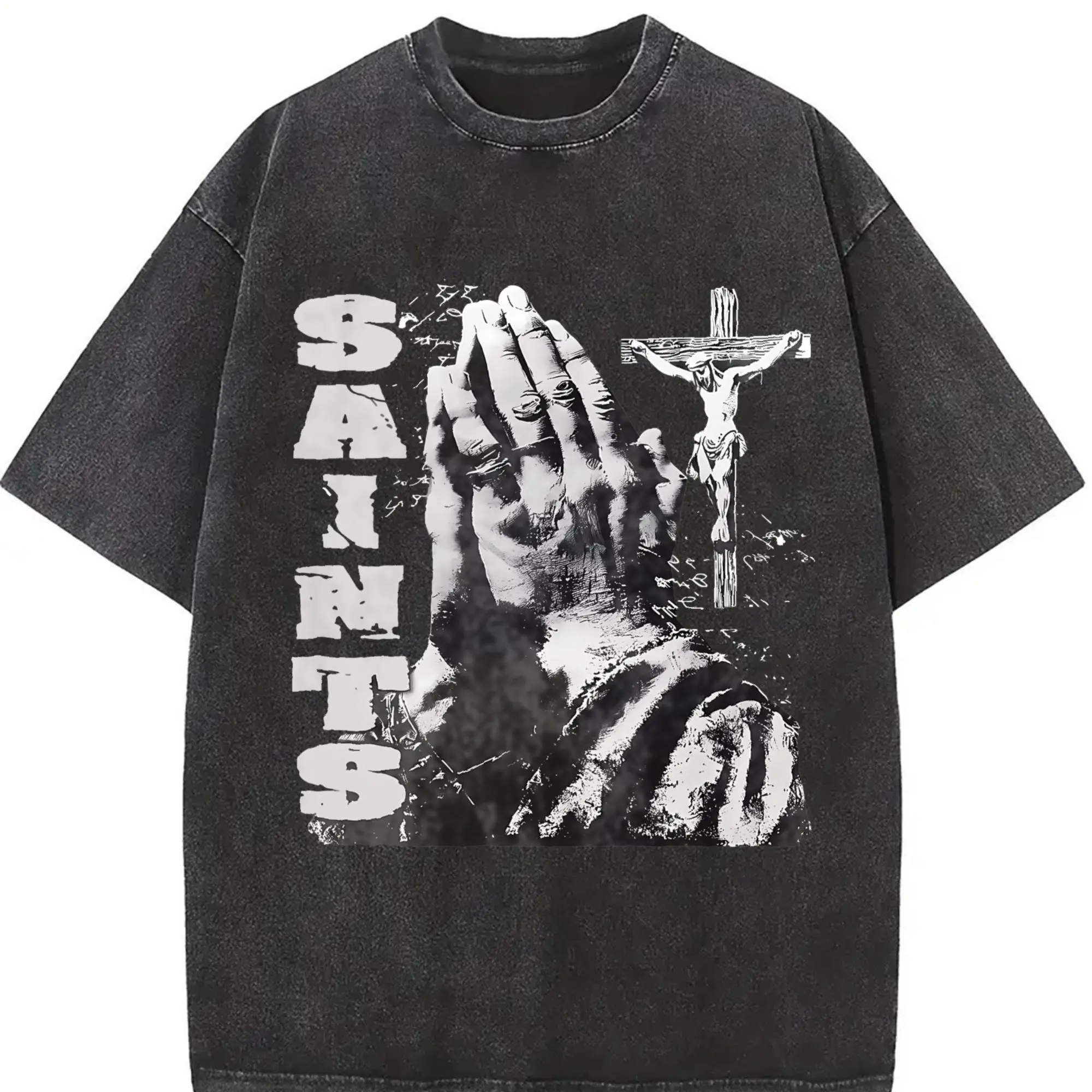Men's Vintage Washed Saints Praying Hands Print Tank Top, Religious Streetwear Sleeveless Muscle Tee, Retro Gothic Graphic Summer Shirt