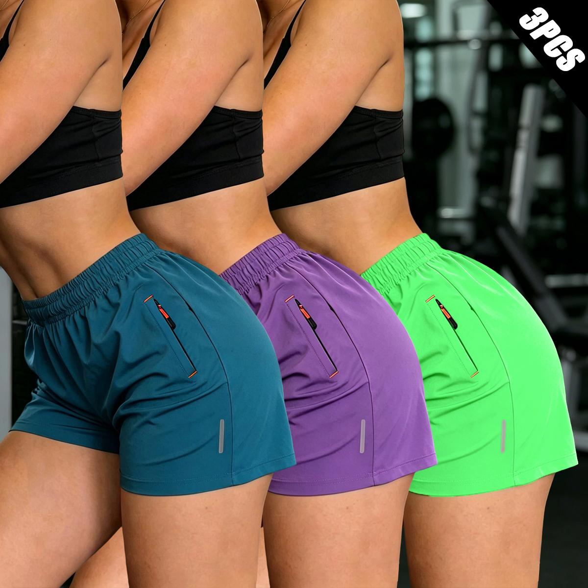Women's 3-Pack High-Waisted Athletic Shorts, Loose-Fit Lightweight Polyester for Running Workouts with Zip Pockets and Drawstring, Drawstring Active Shorts, Fitness Workout Shorts