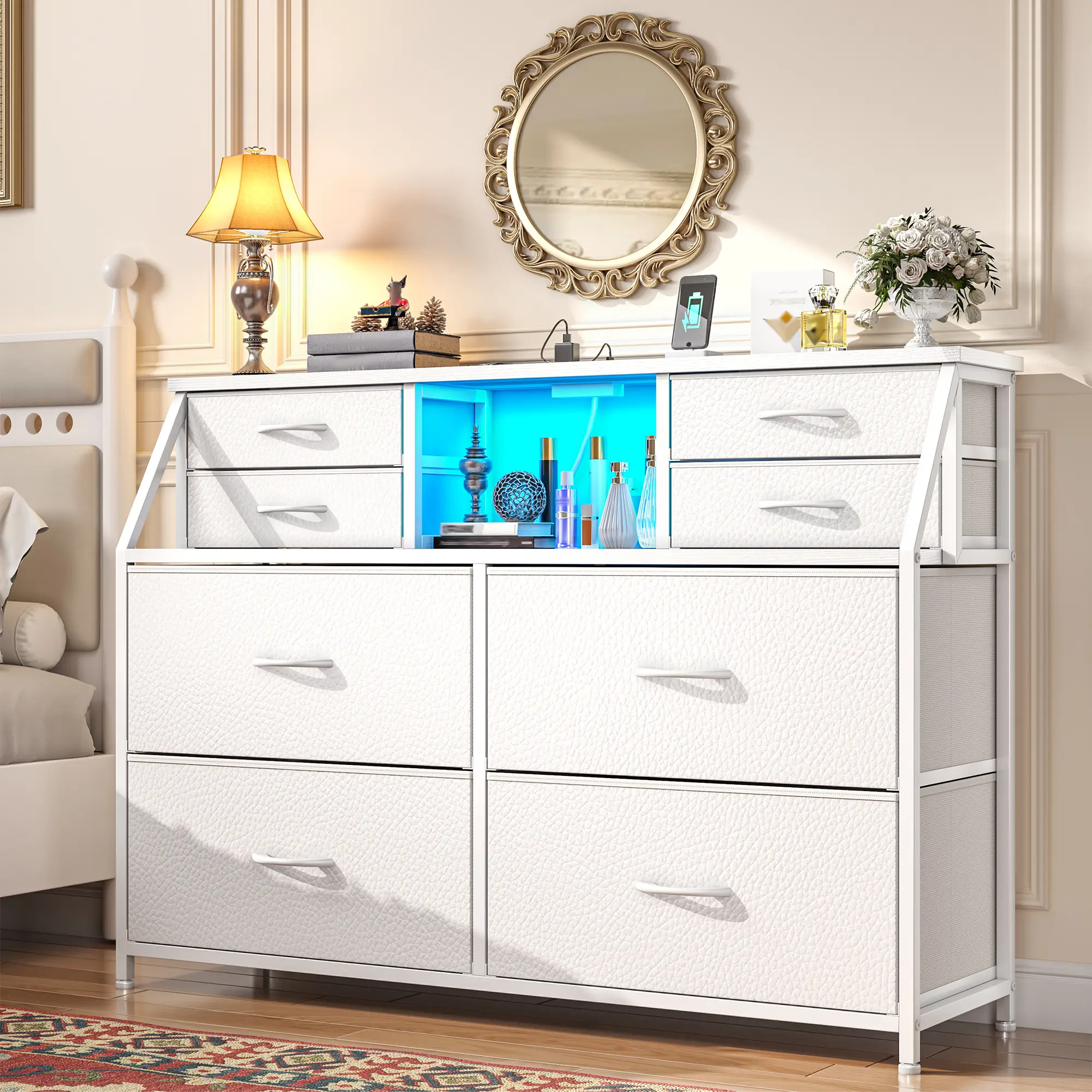【Dorm Organizers & Storage】Raybee 8 Drawer Dresser for Bedroom,Dorm & Attic's Dresser with Built-In Charging Station and LED, Sturdy Chest of Drawers