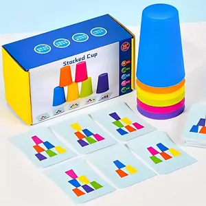Stacking Cups Game, Colorful Stacking Cups Toy with Cards, Concentration Training Game Toy, Fun Family Game for Kids & Adults