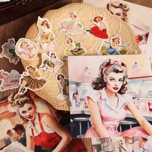 Vintage 1950s Girl Pattern Decorative Paper, 52pcs/set DIY Decorative Paper & 40pcs Decorative Stickers, Scrapbooking Supplies, DIY Crafts, Background Pad, Junk Journals, Crafting Kit