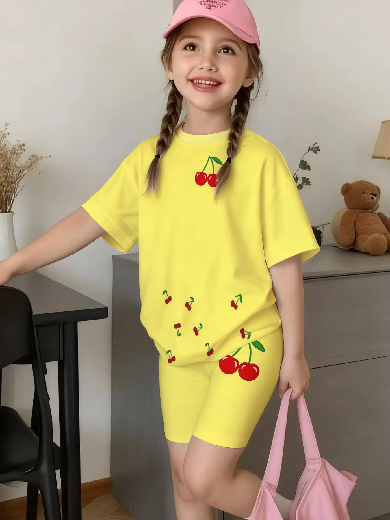 Cute & Lovely Girls Cherry Print Short Sleeve & Biker Shorts Set Summer Clothes Set Breathable Kids Casual Cute Clothing Set 2Pcs Outfit Cute Sets