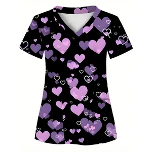 Women's Valentine's Day Heart Print Scrub Top - V-Neck Short Sleeve Medical Uniform with Pockets, Black Base with Pink & Purple Hearts, Lightweight Polyester for Nurses & Healthcare Professionals
