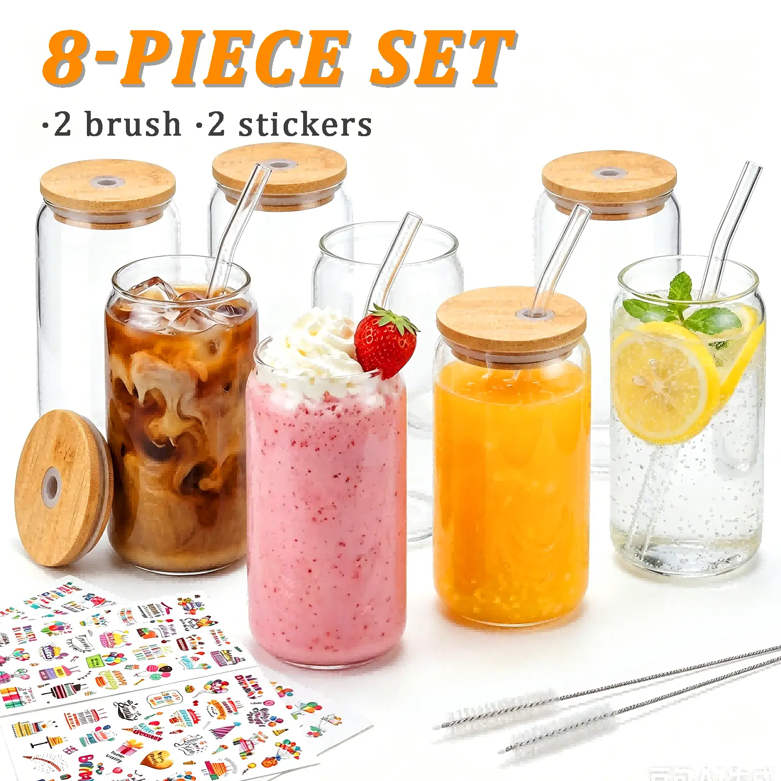 Cute Can-Style Glass Cups With Bamboo Covers & Glass Straws, 16Oz Capacity Stable Drink Cups For Iced Drinks, Boba, Smoothies, Juices And Plain Water