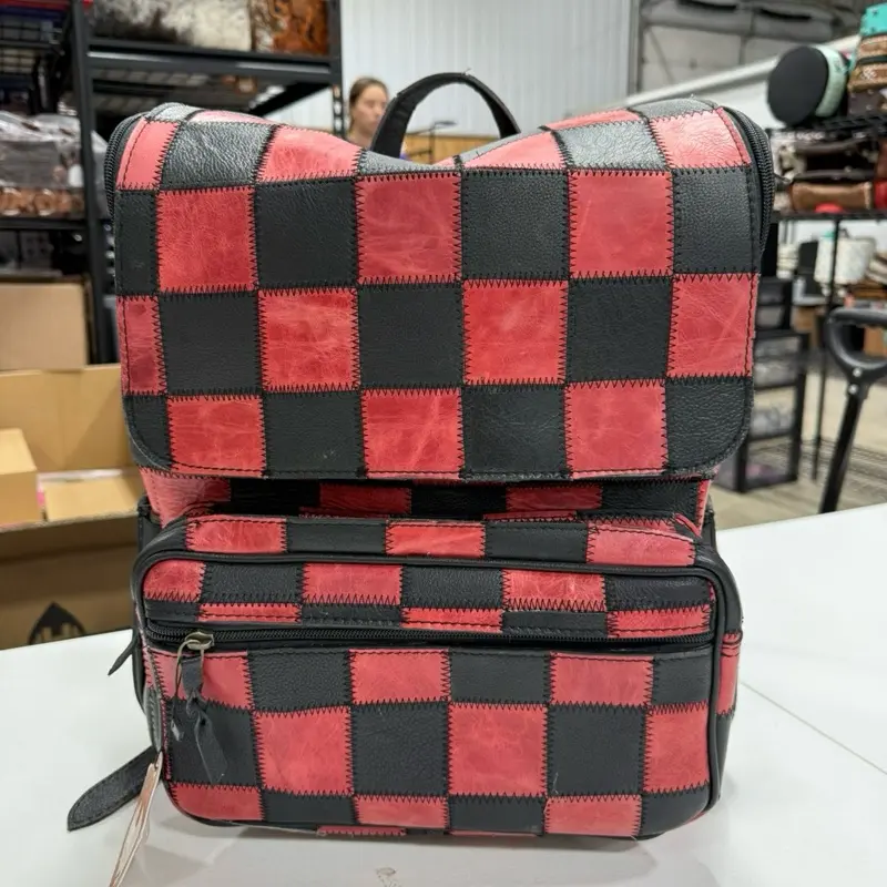 Genuine leather backpack- red & black checked all over leather (western linen exclusive)