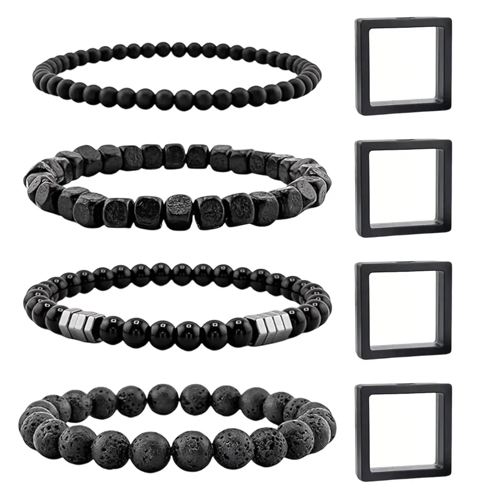 Men's Black Bead Bracelets 4-Pcs Set Pack with 4 Black Square Display Frames, Daily Wear & Gift-Giving Jewelry for Home Improvement Display Accessory