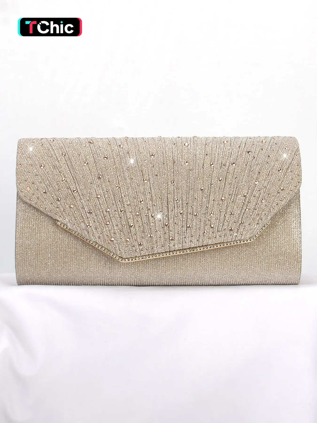 Pleated Rhinestone Ladies Evening Bag, Fashion Envelope Bag Clutch, Fashionable Shoulder Clutch, Fashionable Embellished Clutch, with shoulder chain, metal edge decoration, magnetic closure, suitable for wedding, party, prom, homecoming gift, holiday gift