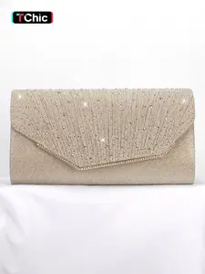 Pleated Rhinestone Ladies Evening Bag, Fashion Envelope Bag Clutch, Fashionable Shoulder Clutch, with shoulder chain, metal edge decoration, magnetic closure, suitable for wedding, party, prom, homecoming gift, holiday gift