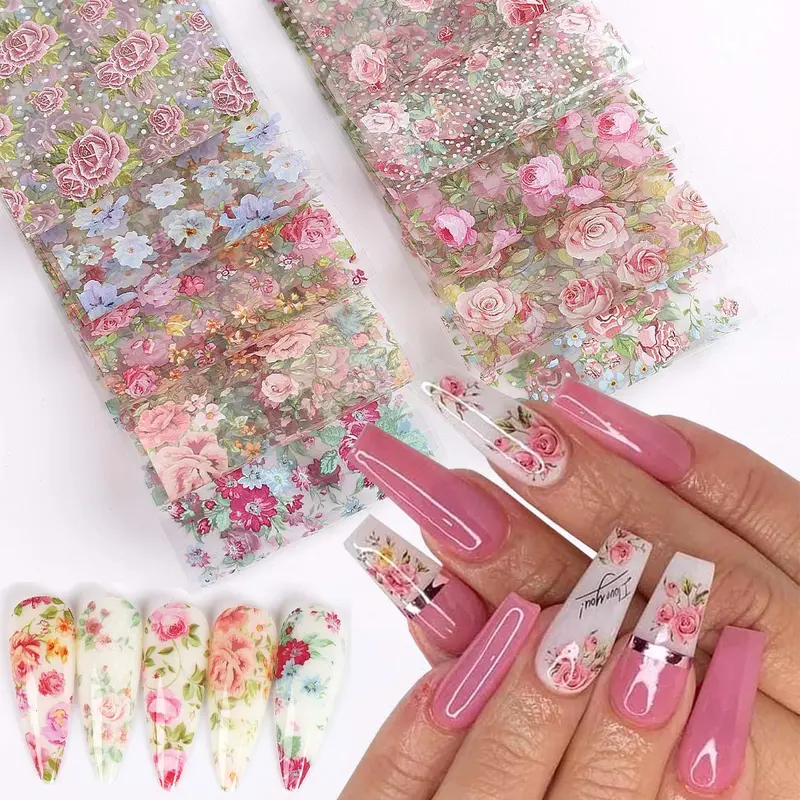 10pcs/Pack Elegant Rose Unique Floral Prints Floral Matte Finish Nail Art Design Transfer Paper, Vibrant Flower Seasonal Theme Spring Valentine's Day DIY Nail Accessories, Perfect Gift Holiday Nail Decorations, DIY Nails Art, Nail Decoration Supplies