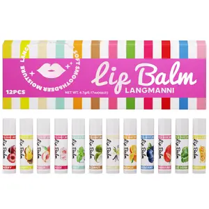 Langmanni 12pcs Fruit Flavor Lip Balm Set, Long-Lasting Moisturizing, Non-Sticky, Daily Care, Easy to Carry, Multiple Flavors