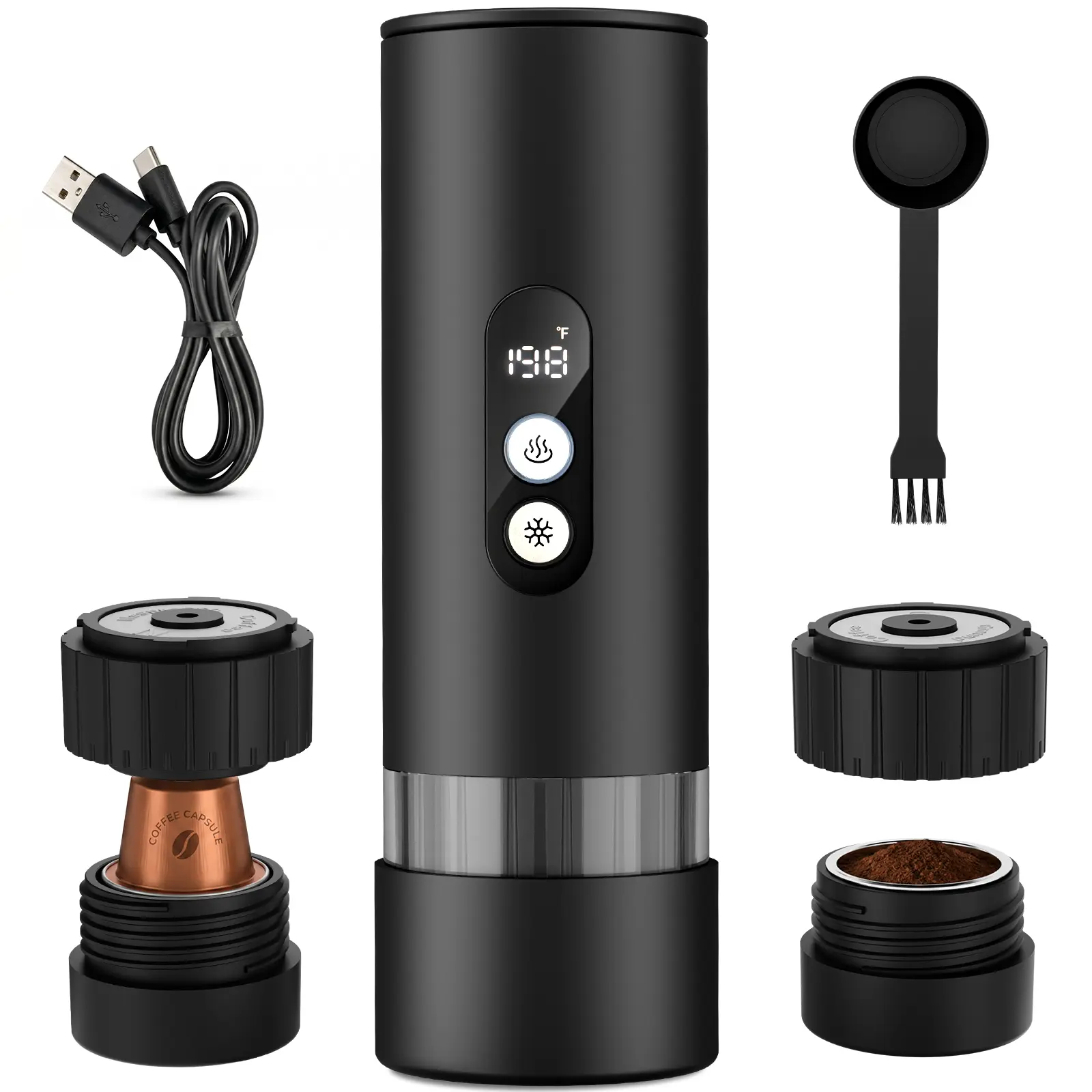 Electactic Portable Coffee Maker, Self-Heating Espresso Machine with 15-Bar Extraction, 3-in-1 Brewer for Capsules & Ground Coffee, USB-C Rechargeable for Camping, Travel, Office and Outdoor Use