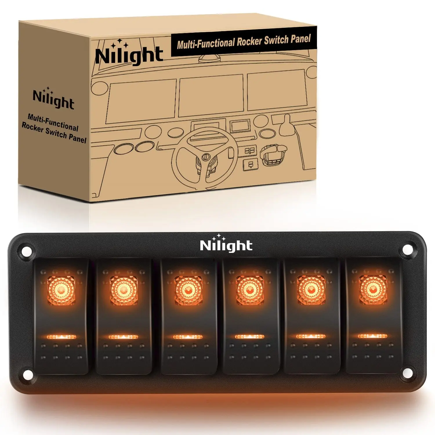 Nilight 6-Gang Aluminum 5-Pin ON/OFF Rocker Switch Panel with Orange LED Backlight, Waterproof, DC 12V/24V, Reliable ON/OFF Control