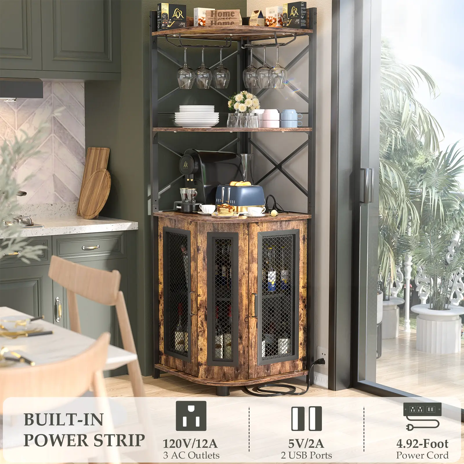 Cyclysio Corner Bar Cabinet with Power Outlet, Industrial Wine Cabinet with LED Strip and Glass Holder, 5-Tiers Liquor Cabinet Bar Corner Display