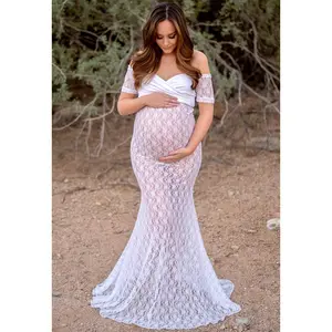 Sweetheart Lace Flare Maternity Gown with Short Sleeves