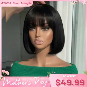 Menglle Bob Wig With Bang 7x6 Lace Front Human Hair Wig Wear and Go Short Bob Wigs Natural Look Cute Fashion 8 Inch#Summervibes#TikTokShopStockUp