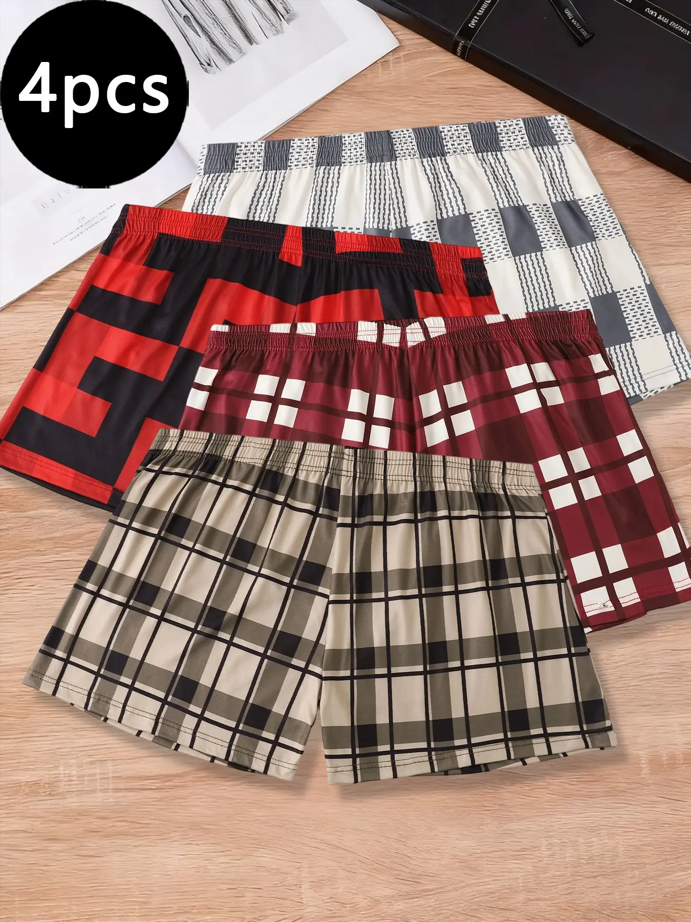 Men's 4-Piece Underwear Set, Elastic Waist Loose Casual Plaid Checked Stretch Boxer Shorts, Soft Comfortable Trunk Pants, Stretchy Boxer Pants, All Seasons Wear (Style A010)