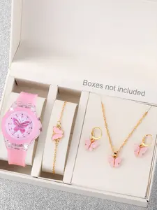 Cute Silicone Butterfly Glowing Quartz Watch Set, Butterfly Bracelet Necklace Earrings Jewelry, Best Birthday Gift for Kids